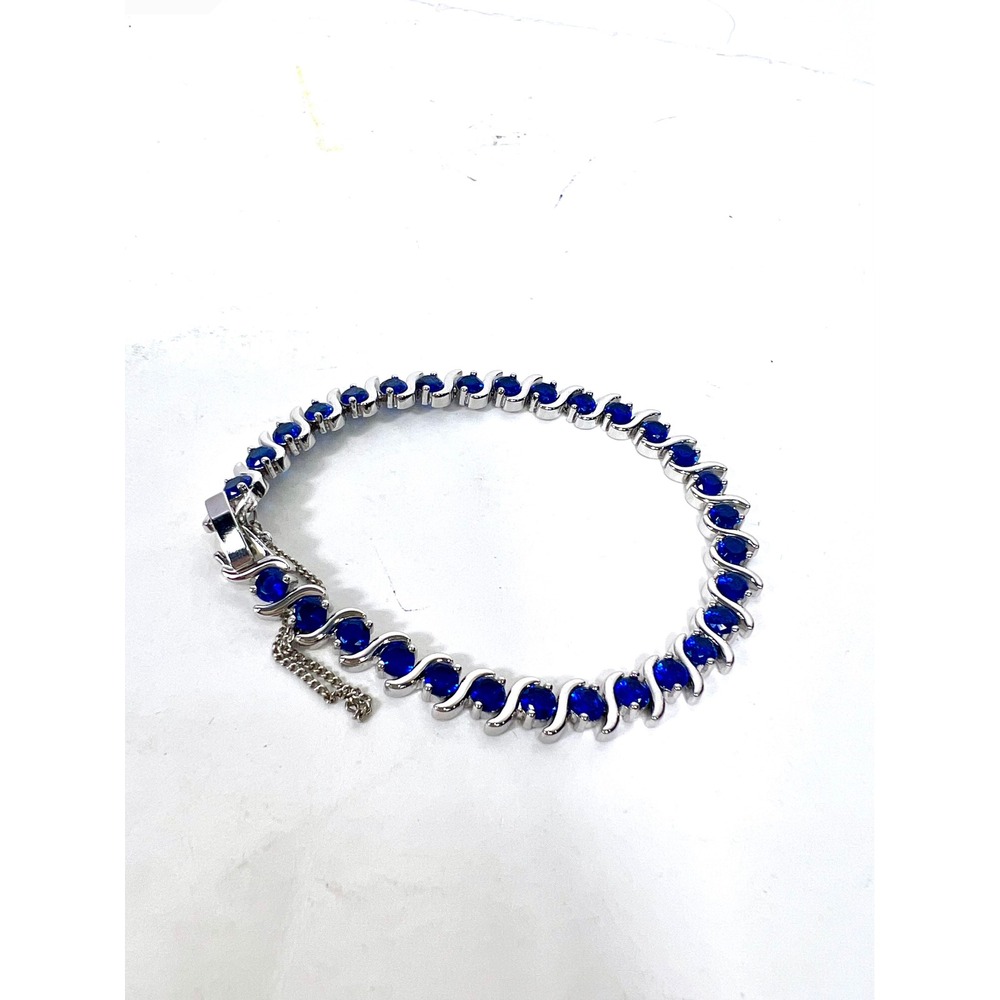 FAC Blue Sapphire S-Link Tennis Bracelet Silver Tone‎ 7.5 Inch Safety Chain